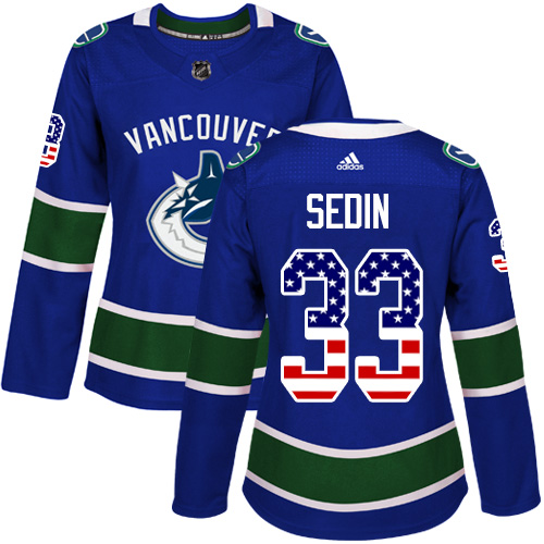 Adidas Canucks #33 Henrik Sedin Blue Home Authentic USA Flag Women's Stitched NHL Jersey